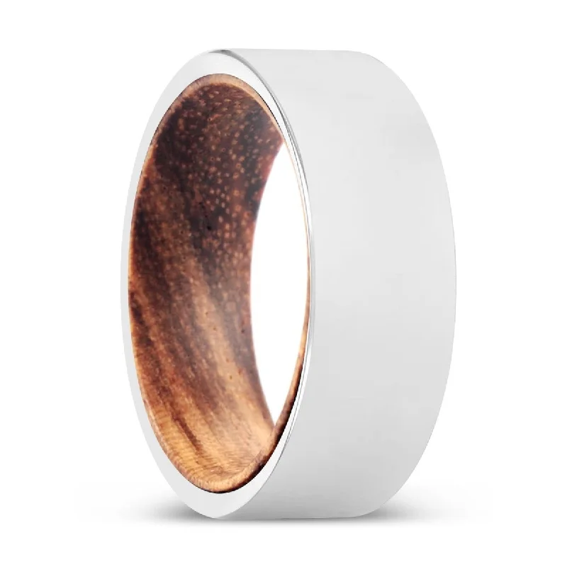 large rings for women-BELVINS | Zebra Wood, Silver Tungsten Ring, Shiny, Flat