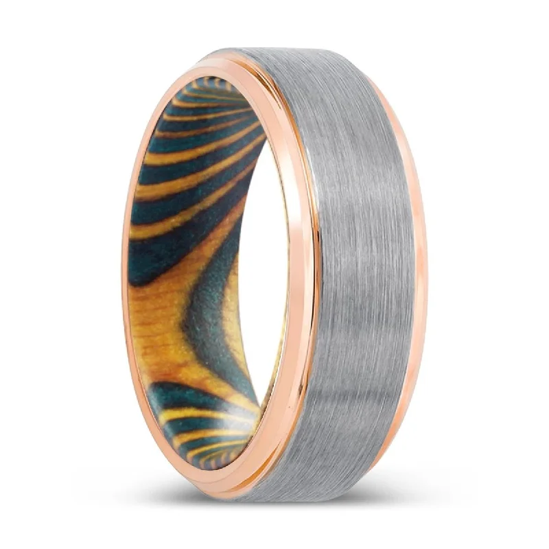 luxury gold rings for women-JAVELIN | Green & Yellow Wood, Silver Tungsten Ring, Brushed, Rose Gold Stepped Edge