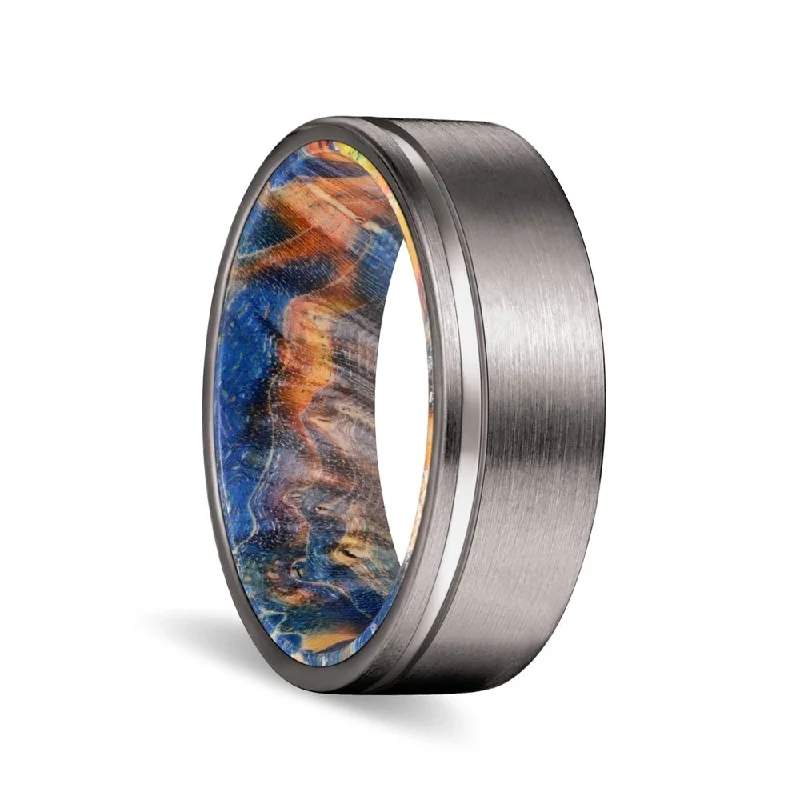 statement wedding rings for women-PIONEER | Blue & Yellow/Orange Wood, Gunmetal Tungsten Offset Groove