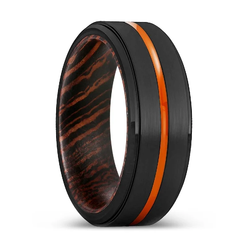 gemstone wedding rings for women-SASKATOON | Wenge Wood, Black Tungsten Ring, Orange Groove, Stepped Edge