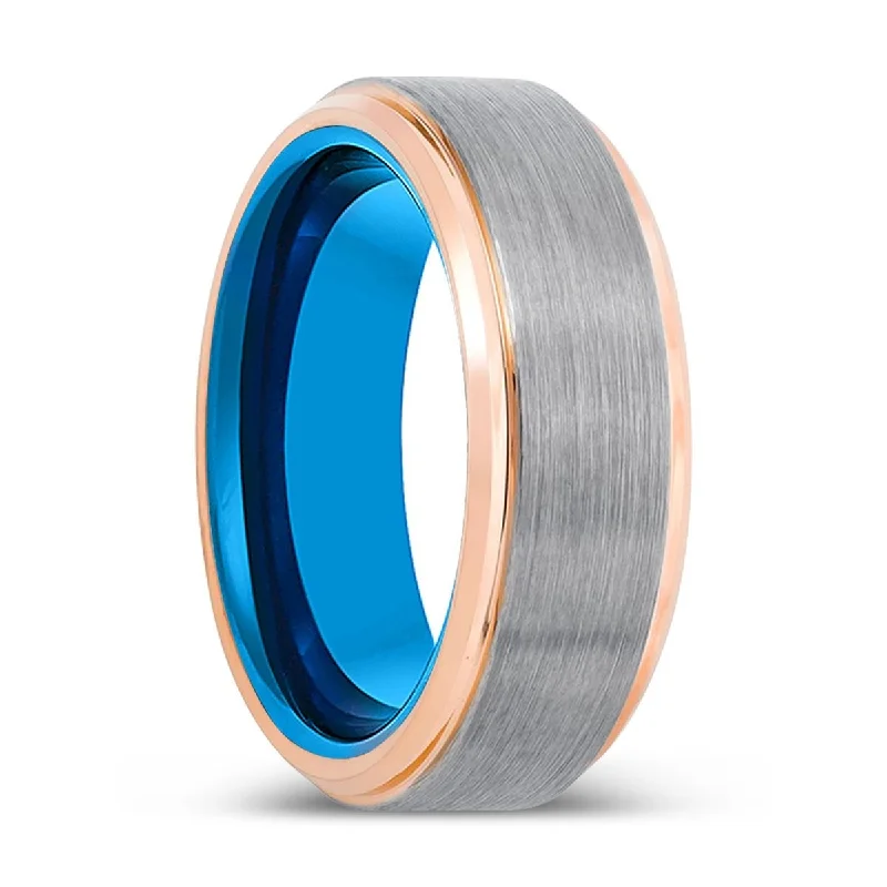 gold rings for women-INFILTRATOR | Blue Tungsten Ring, Silver Tungsten Ring, Brushed, Rose Gold Stepped Edge