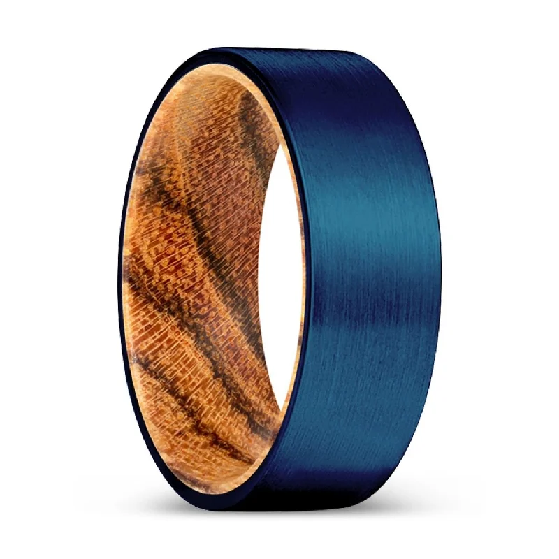 gold rings for women-MIRACLE | Bocote Wood, Blue Tungsten Ring, Brushed, Flat