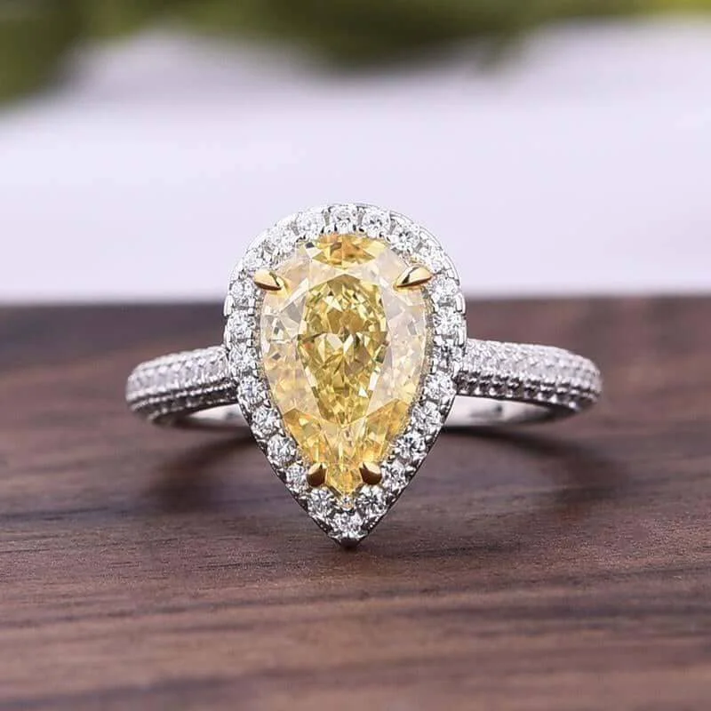 gold engagement rings for women-3.0ct Halo Pear Cut Simulated Diamond Yellow Sapphire Engagement Ring