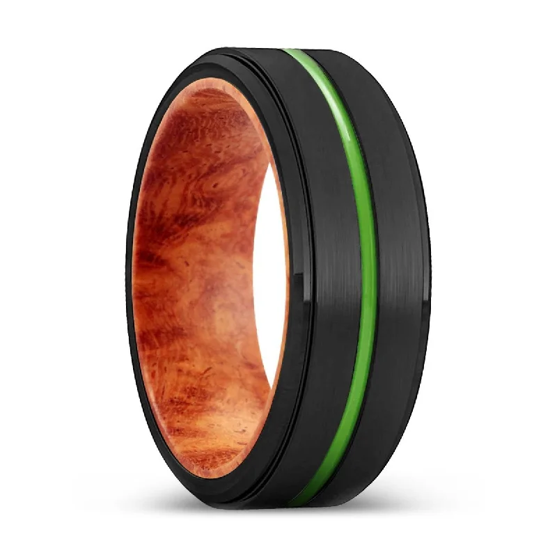 adjustable rings for women-SALINAS | Red Burl Wood, Black Tungsten Ring, Green Groove, Stepped Edge