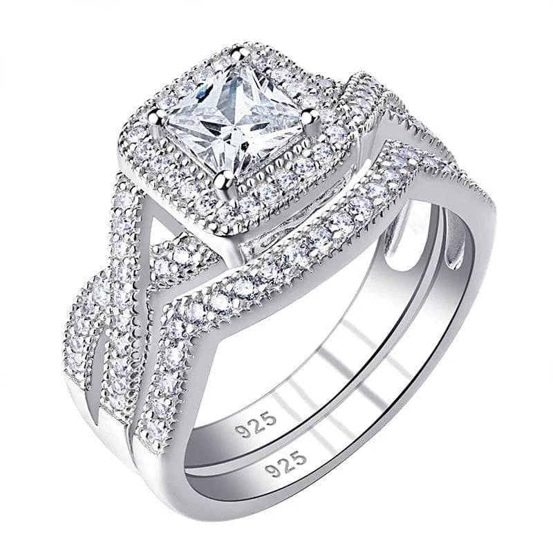 romantic diamond engagement rings-Princess Cut Created Diamond Halo Criss Cross Wedding Ring Set