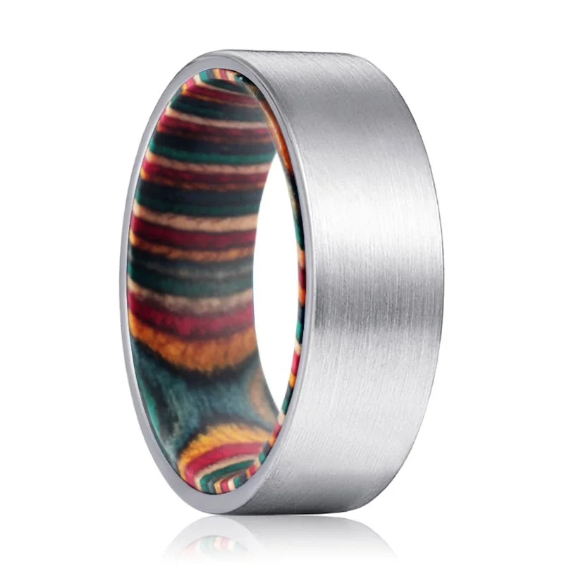 eternity rings for women-PRISM | Multi Color Wood, Silver Tungsten Ring, Brushed, Flat