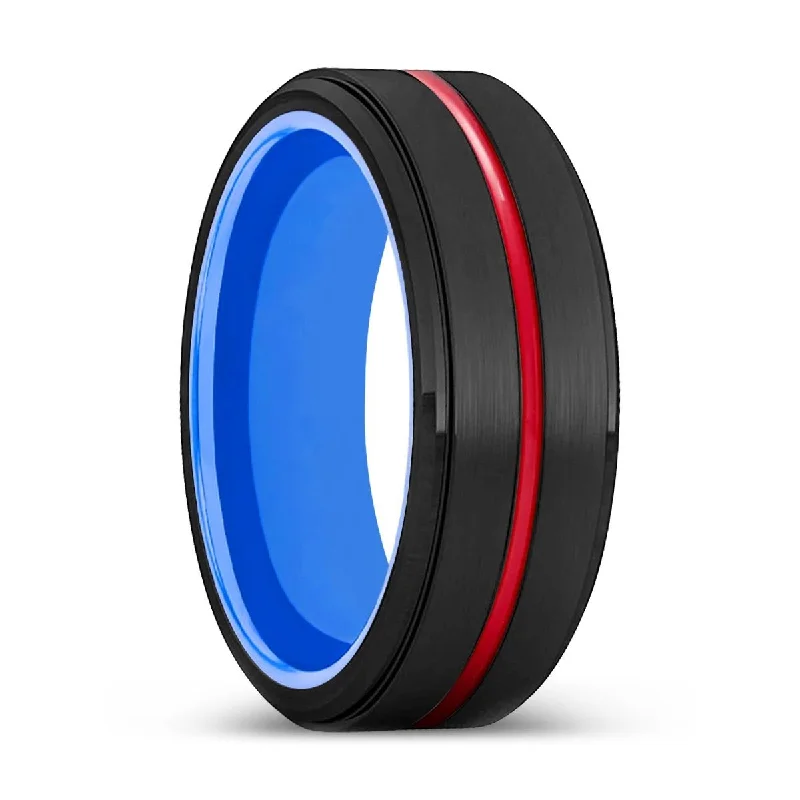 gold-plated rings for women-ERNI | Blue Ring, Black Tungsten Ring, Red Groove, Stepped Edge