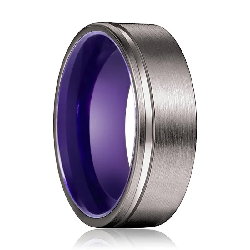 modern gold rings for women-LUPIN | Purple Ring, Gunmetal Tungsten Offset Groove