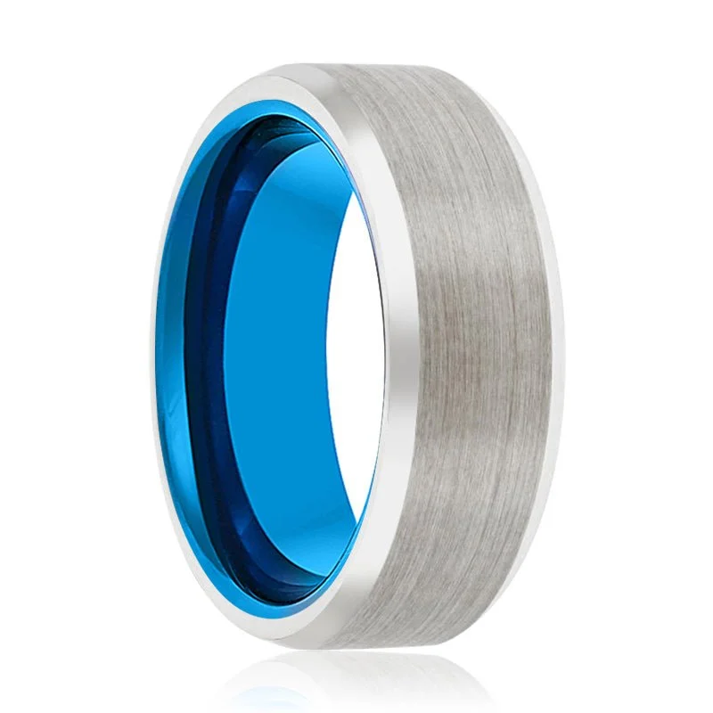 romantic rings for women-IBIZA | Blue Tungsten Ring, Silver Tungsten Ring, Brushed, Beveled