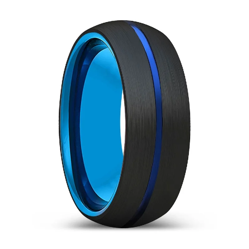 silver gemstone rings for women-LUNA | Blue Tungsten Ring, Black Tungsten Ring, Blue Groove, Domed