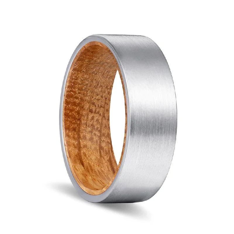 affordable rings for women-DALMORE | Whiskey Barrel Wood, Silver Tungsten Ring, Brushed, Flat