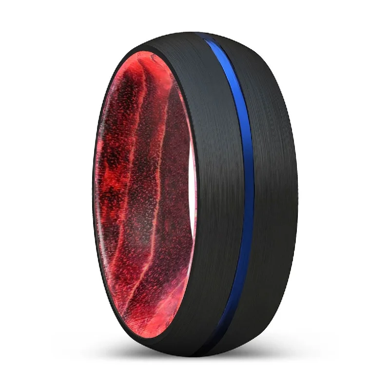 rings for women-TRYSTAN | Black & Red Wood, Black Tungsten Ring, Blue Groove, Domed