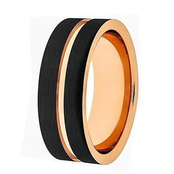 high-end engagement rings for women-Men's Rose Gold Inlay Grooved Black Tungsten Wedding Band Pipe Cut- 6mm & 8mm