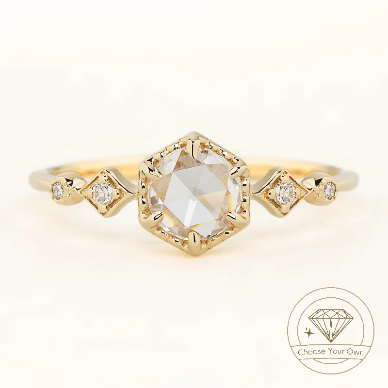 rose gold diamond engagement rings-Stella Hexagon Ring, Round Rose Cut Diamond