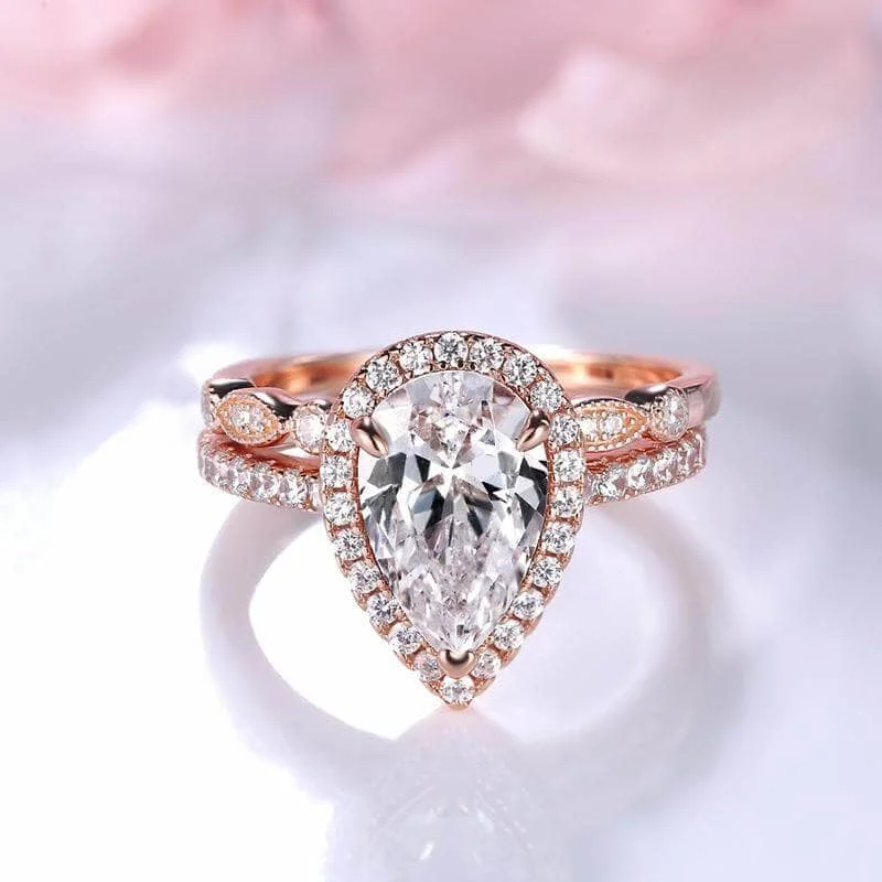 platinum and diamond engagement rings-Rose Gold 2.2 Carat Halo Pear Cut White Sapphire Ring Set