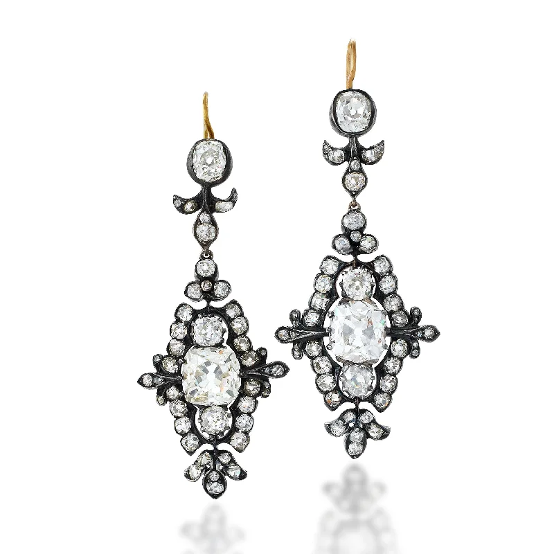 vintage earrings for women-Old Mine-cut Diamond Pendant Earrings