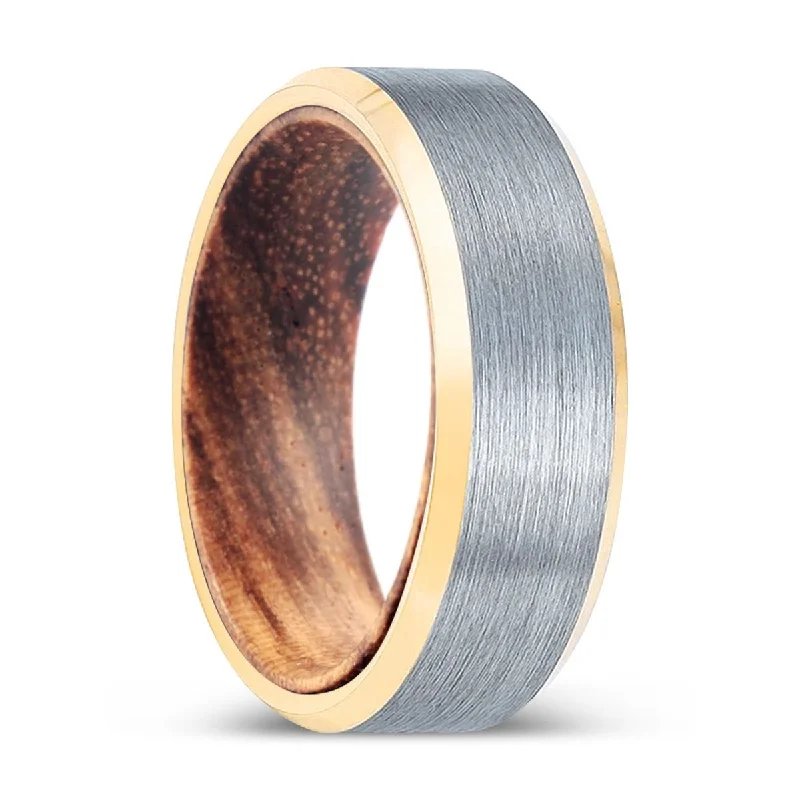 vintage wedding rings for women-WILDLEAF | Zebra Wood, Brushed, Silver Tungsten Ring, Gold Beveled Edges