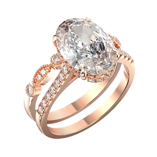 sapphire engagement rings with diamonds-Rose Gold Oval Cut Sapphire Wedding Ring Set