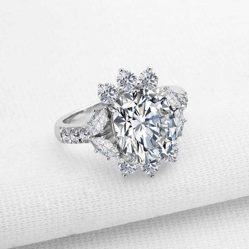 cushion cut engagement rings-Created Diamond Luxury Flower Oval Engagement Halo Ring