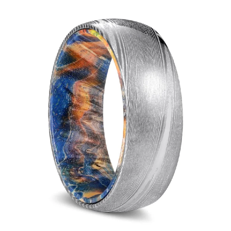 promise rings for women-HYDE | Blue & Yellow/Orange Wood, Silver Damascus Steel, Domed