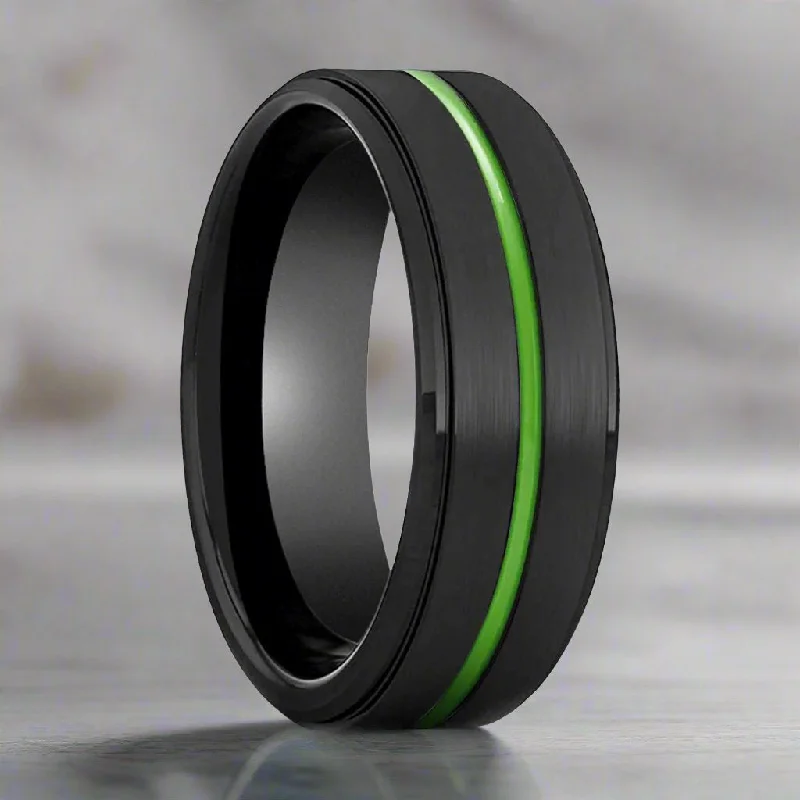 cocktail rings for women-REAPER | Black Ring, Black Tungsten Ring, Green Groove, Stepped Edge