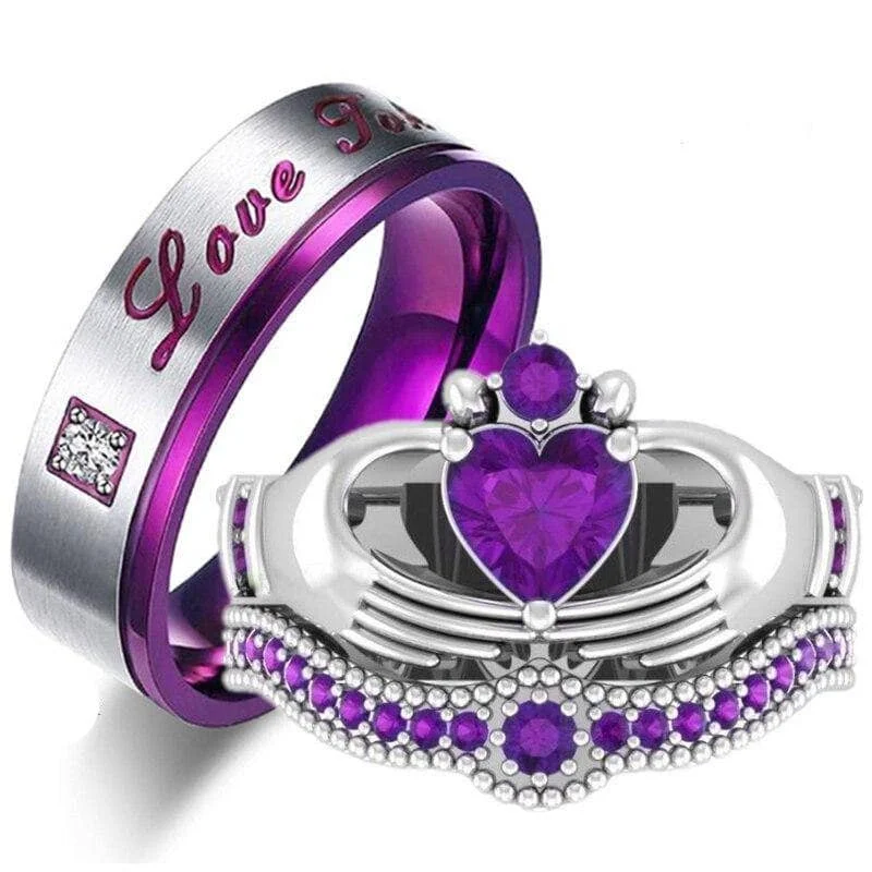 modern diamond engagement rings-Claddagh Wedding Ring Set in Purple Created Diamond