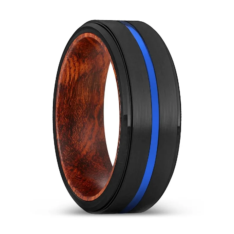 classic solitaire rings for women-TAILS | Snake Wood, Black Tungsten Ring, Blue Groove, Stepped Edge