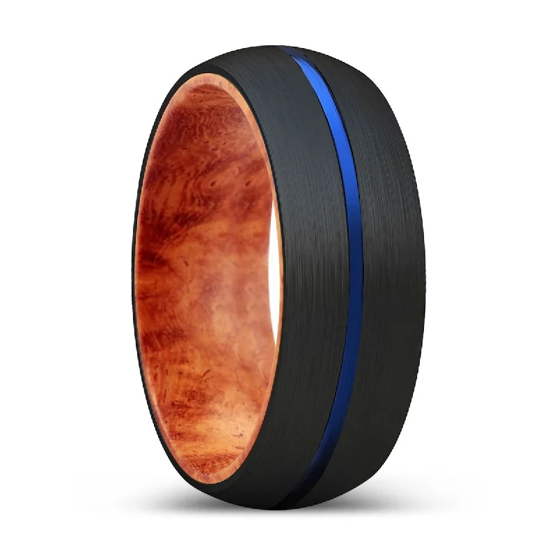 double band rings for women-ALFRED | Red Burl Wood, Black Tungsten Ring, Blue Groove, Domed