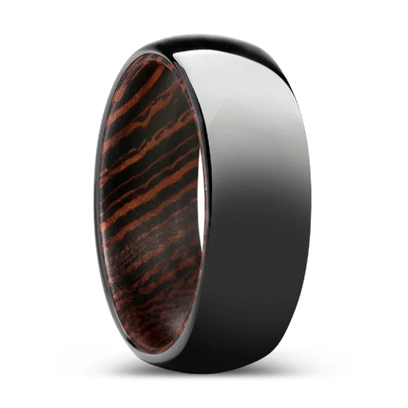 affordable rings for women-WOODVALE | Wenge Wood, Black Tungsten Ring, Shiny, Domed