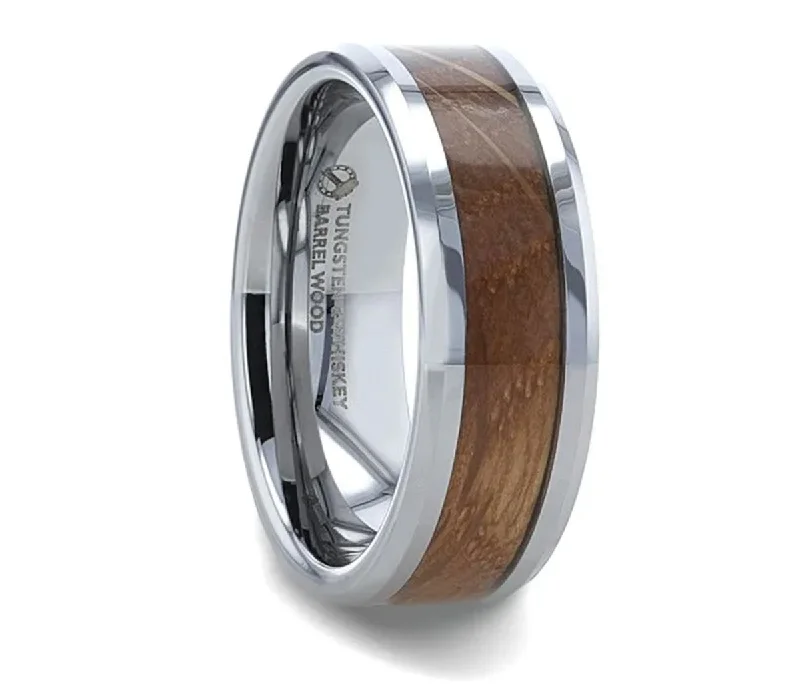 elegant silver rings for women-Whiskey Barrel Ring - Tungsten Beveled Edges