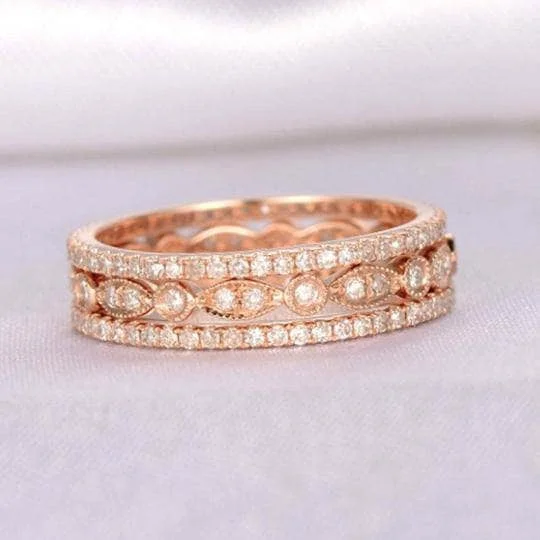 halo engagement rings-Rose Gold Art Deco 3PC Stackable Wedding Band Set