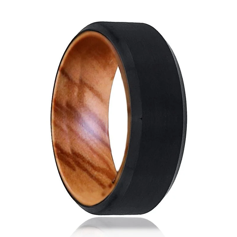 wedding bands with gemstones-FASCIA | Olive Wood, Black Tungsten Ring, Brushed, Beveled