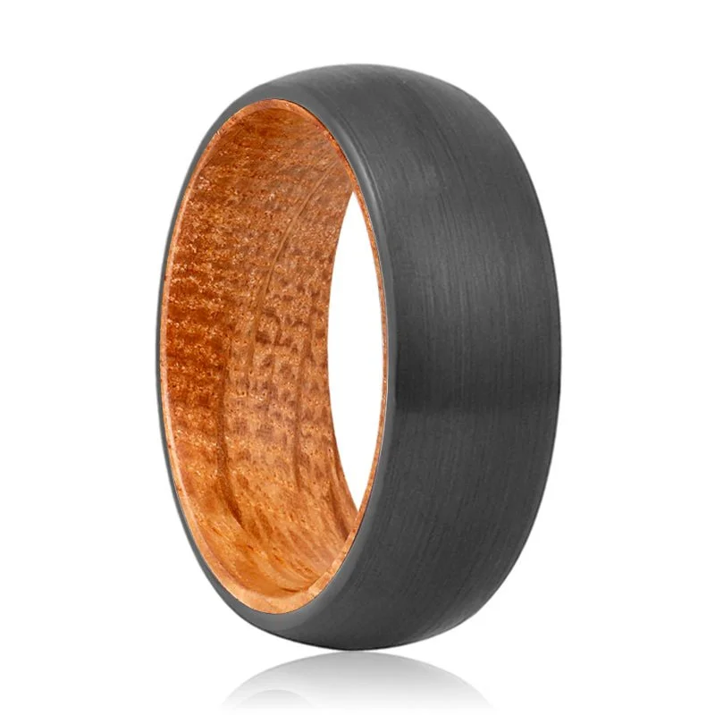 stackable rings for women-FRASER | Whiskey Barrel Wood, Black Tungsten Ring, Brushed, Domed