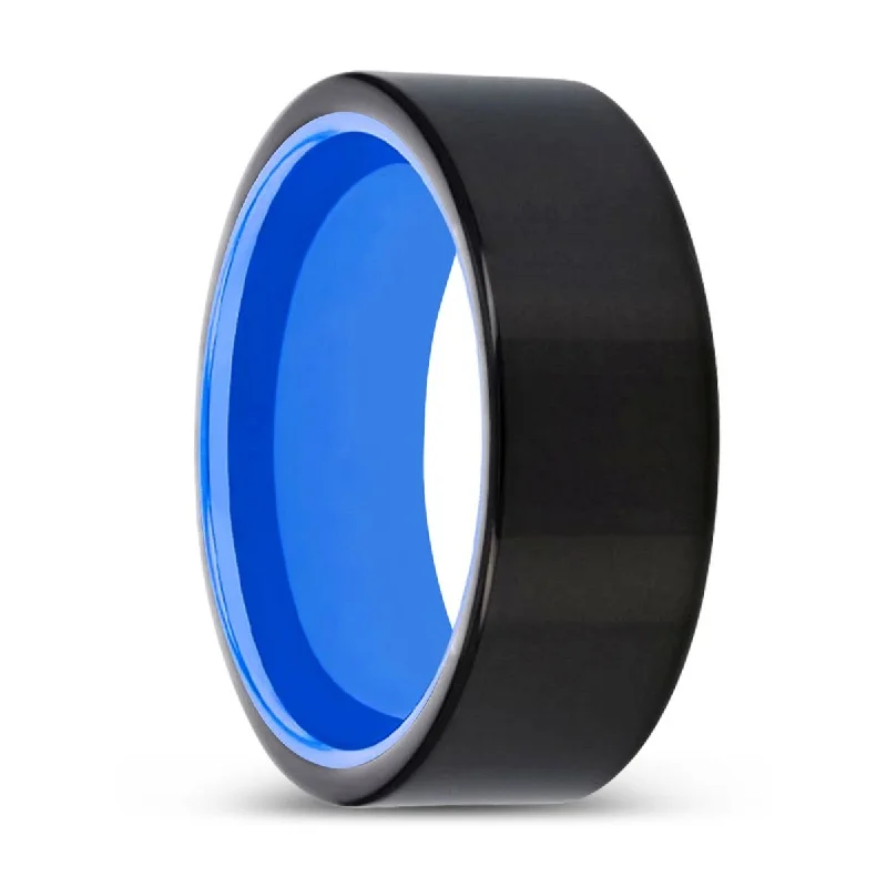 minimalist rings for women-MADDEN | Blue Ring, Black Tungsten Ring, Shiny, Flat