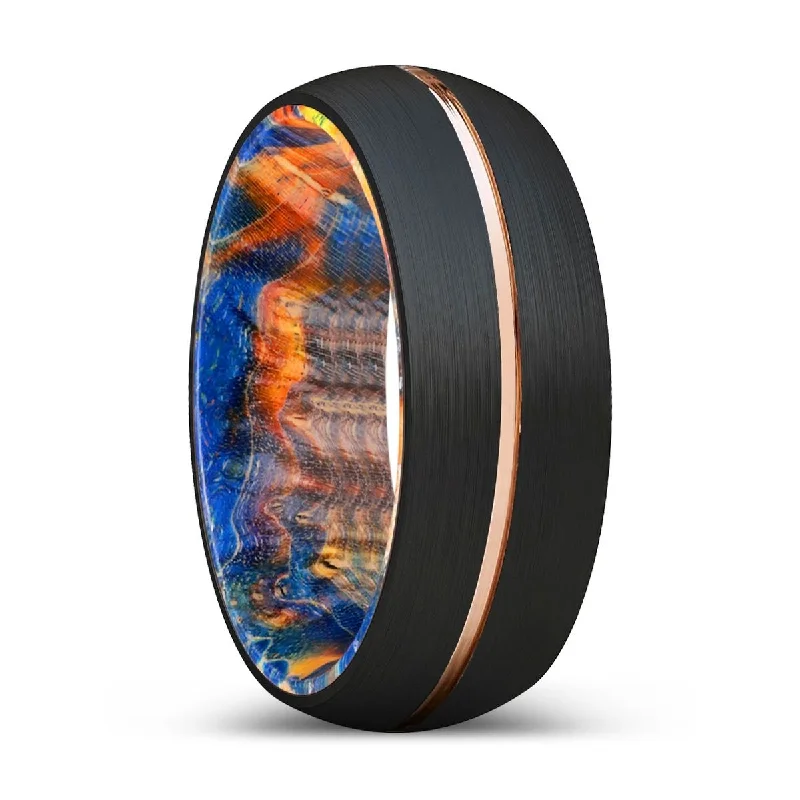 designer engagement rings for women-XALES | Blue & Yellow/Orange Wood, Black Tungsten Ring, Rose Gold Groove, Domed