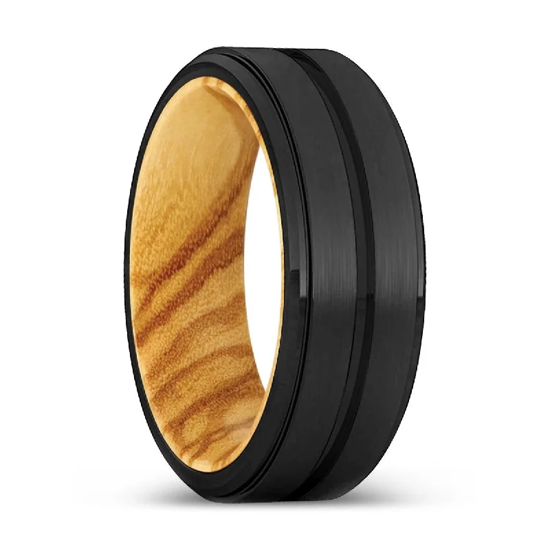 wedding rings with diamonds-AUBREY | Olive Wood, Black Tungsten Ring, Grooved, Stepped Edge