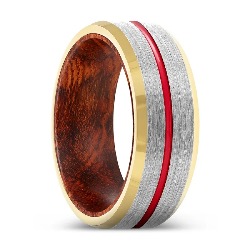 gold diamond rings for women-MOXI | Snake Wood, Silver Tungsten Ring, Red Groove, Gold Beveled Edge