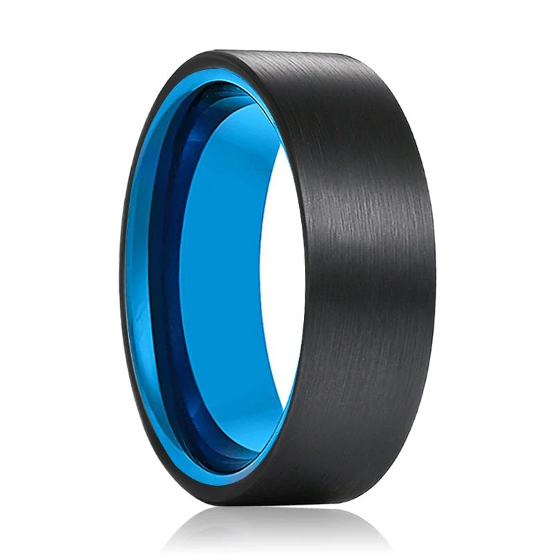 bridal rings for women-AZURA | Blue Tungsten Ring Black Brushed Flat