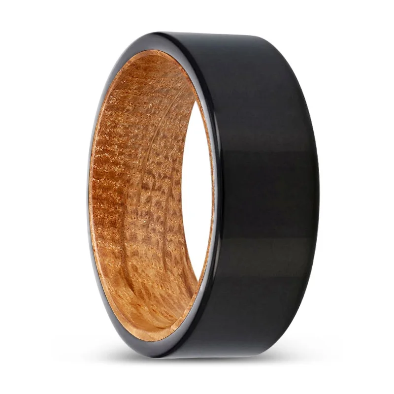 classic gold rings for women-VALENTIN | Whiskey Barrel Wood, Black Tungsten Ring, Shiny, Flat