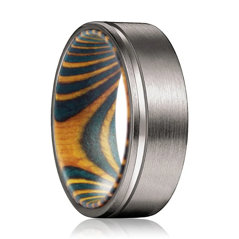 custom rings for women-BECK | Green and Yellow Wood, Gunmetal Tungsten Offset Groove