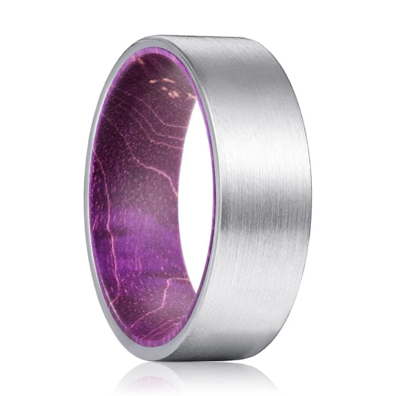 personalized rings for women-LILAVO | Purple Wood, Silver Tungsten Ring, Brushed, Flat