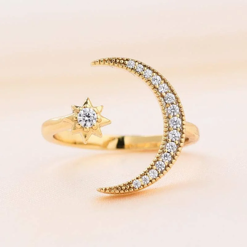 yellow gold engagement rings-Yellow Gold Crescent Moon & Star Adjustable Open Ring