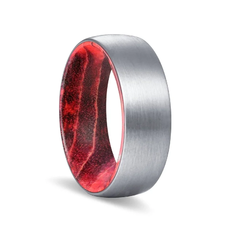 romantic promise rings for women-BEACON | Black & Red Wood, Silver Tungsten Ring, Brushed, Domed