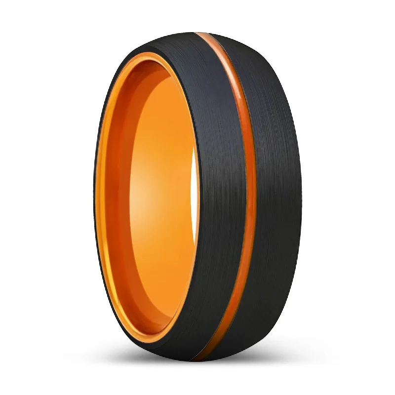 custom-made rings for women-FURY | Orange Ring, Black Tungsten Ring, Orange Groove, Domed