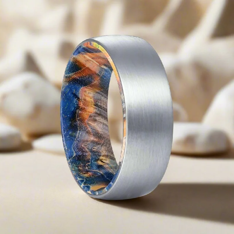 custom rings for women-ACE | Blue & Yellow/Orange Wood, Silver Tungsten Ring, Brushed, Domed