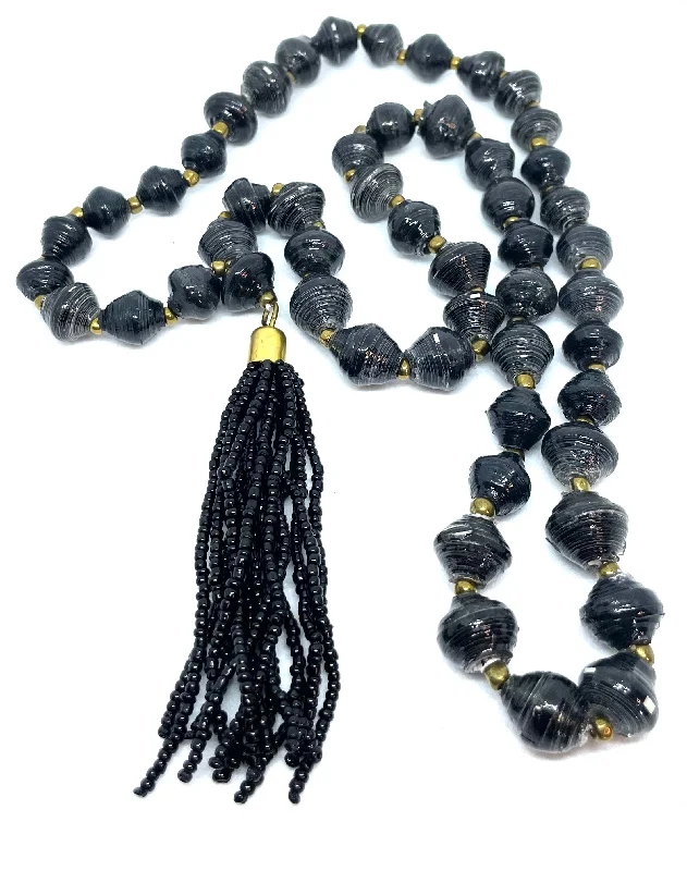 multi-strand necklaces for women-Black Paper Bead/Seed Bead Tassel Necklace