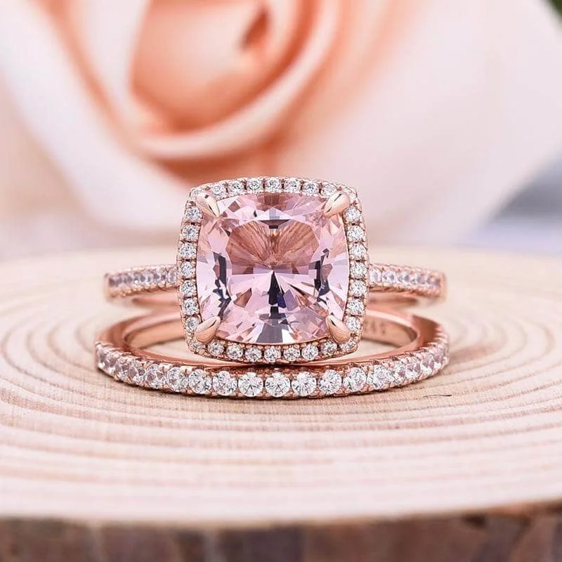 emerald and diamond engagement rings-Rose Gold Halo Cushion Cut Peachy Pink Stone Wedding Ring Set