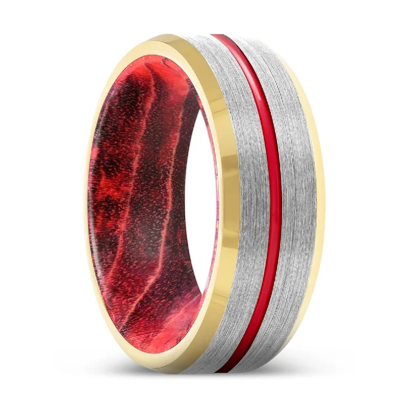 unique rings for women-LUMBER | Black & Red Wood, Silver Tungsten Ring, Red Groove, Gold Beveled Edge