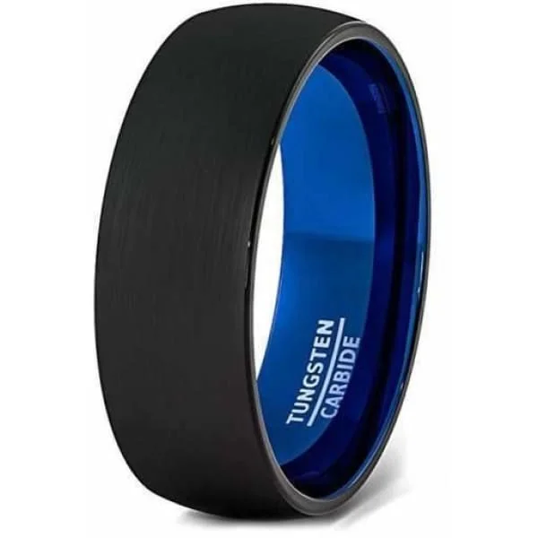 statement wedding rings for women-MONACO Mens Domed Black Tungsten Wedding Ring Brushed Center Blue Inside 6mm & 8mm