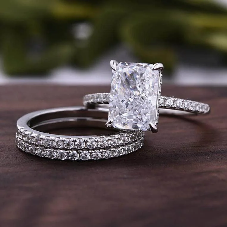 cushion diamond engagement rings-Simulated Diamond Radiant Cut 3pcs Ring Set White Gold